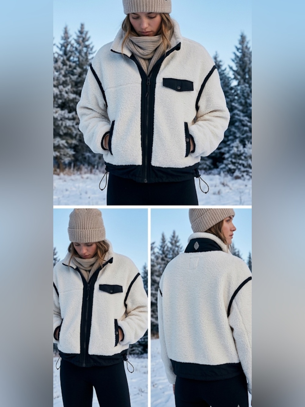 Free People Movement Cream Sherpa Jacket with Black Trim. LIKE NEW
